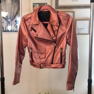 Rose gold metallic leather moto jacket